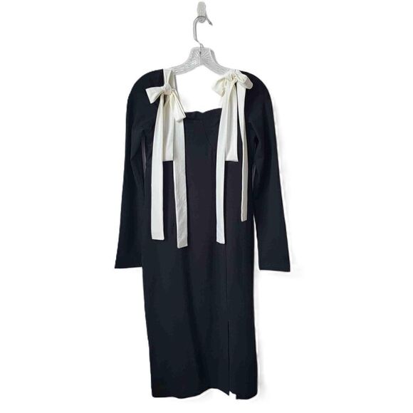 NEW Black Long Sleeve Bow Strap Square Neck Midi Dress Size Medium - Picture 2 of 9